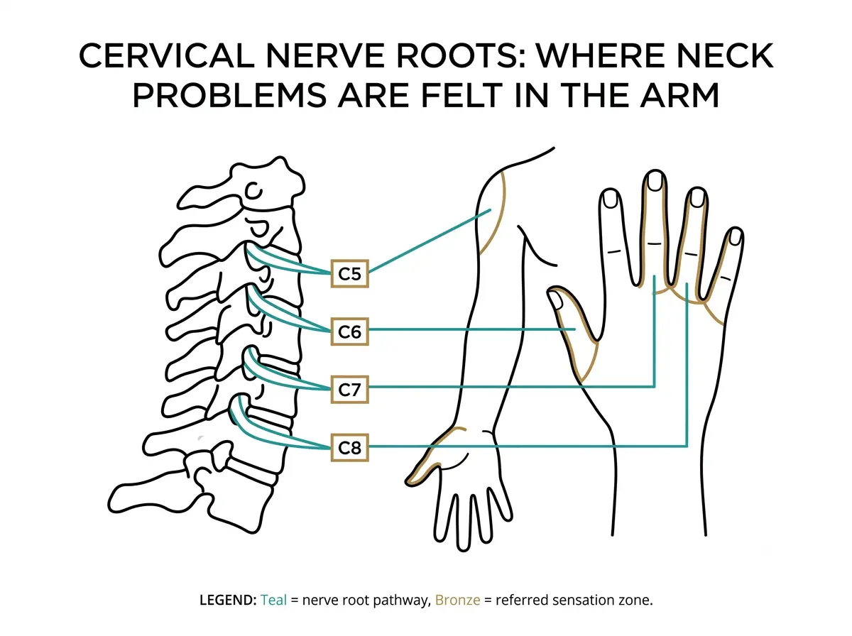 Diagram of cervical spine nerve roots and their corresponding sensation zones in the shoulder, arm, and hand
